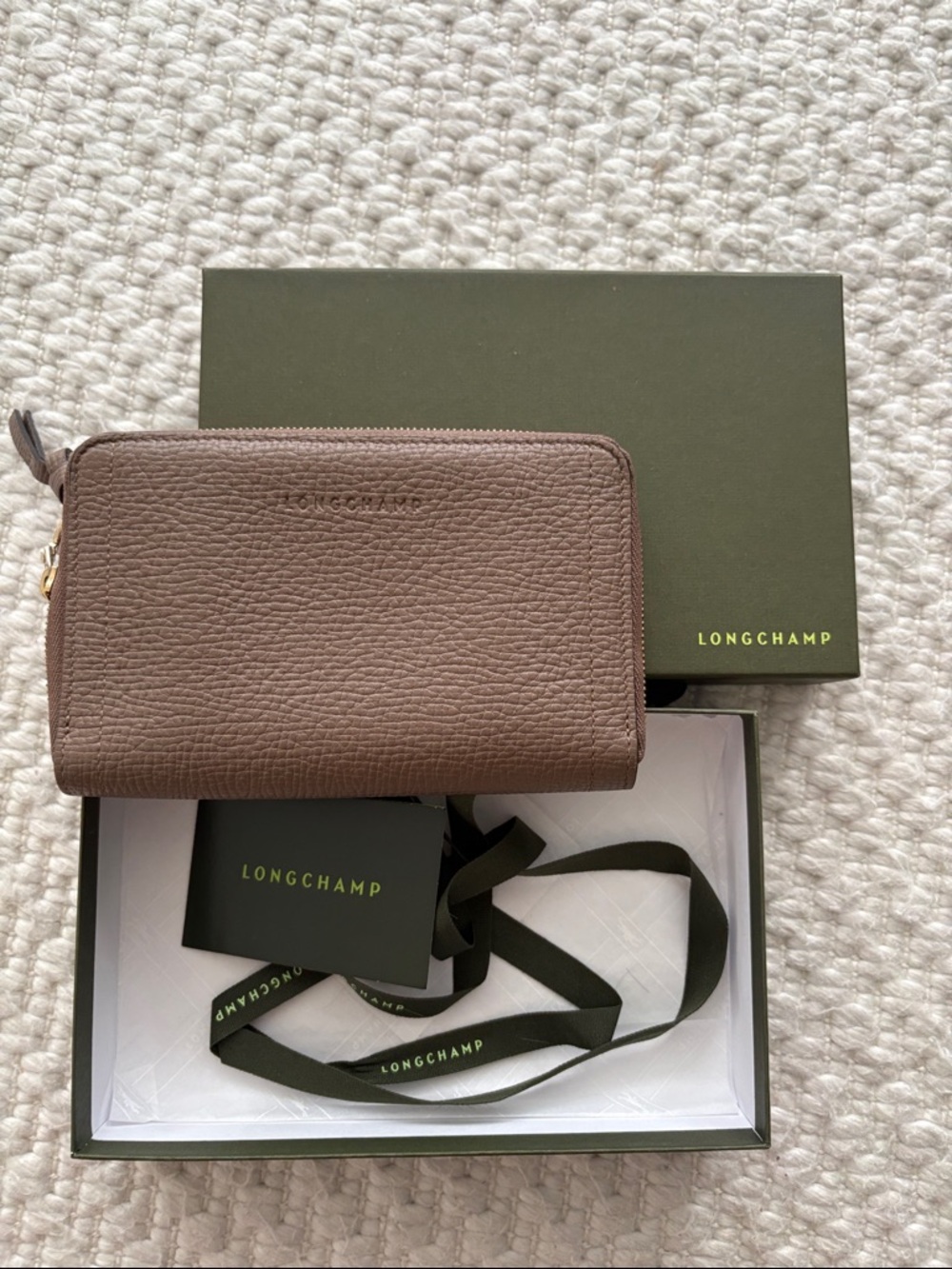 Longchamp Taupe Brown Pebbled Leather Zip Wallet